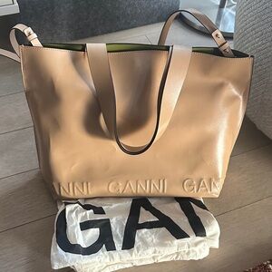 Ganni Tan Leather Tote with Green Lining